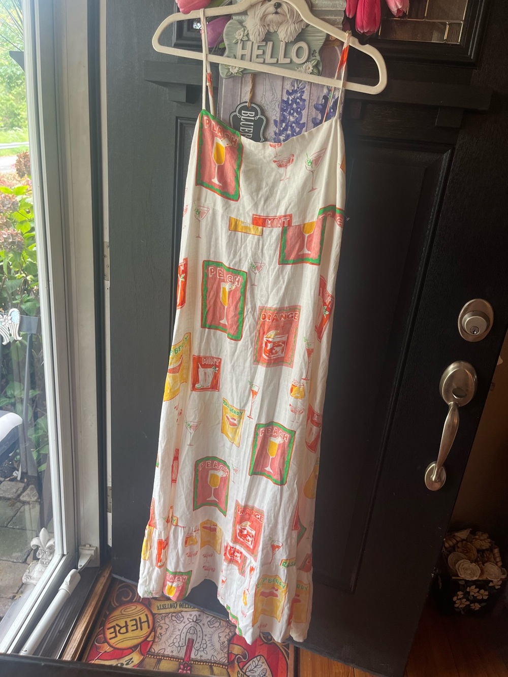 Spaghetti strap cream Cotton Maxi ruffle Skirt with Fruit Print